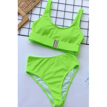 White Textured Buckle Front Top With High Waist Bikini Rose Black Green
